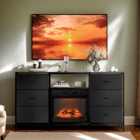 Black Embossed Fireplace TV Stand