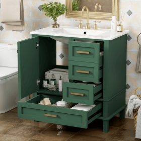 30 Bathroom Vanity , Modern Bathroom Cabinet With Sink Combo Set, Bathroom Storage Cabinet With A Soft Closing Door And 3 Drawers, Solid Wood Fra (Option: Green)